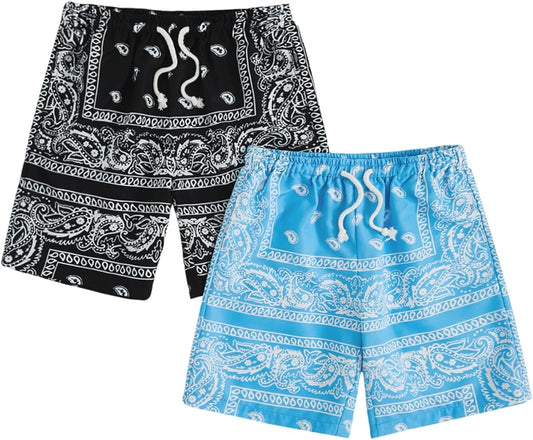 Floerns Boy's 2 Pcs Bandana Shorts Boho Paisley Graphic Print Drawstring Waist Summer Beach Drip Shorts with Pockets