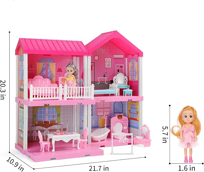 Girl House Toys for Girls 4-8, 2 Storey 4 Rooms Indoor Playset with Doll, Furniture and Accessories, Pretend Toddler Toy, Birthday Gifts for Girl Age 3-5 4-6 6-12