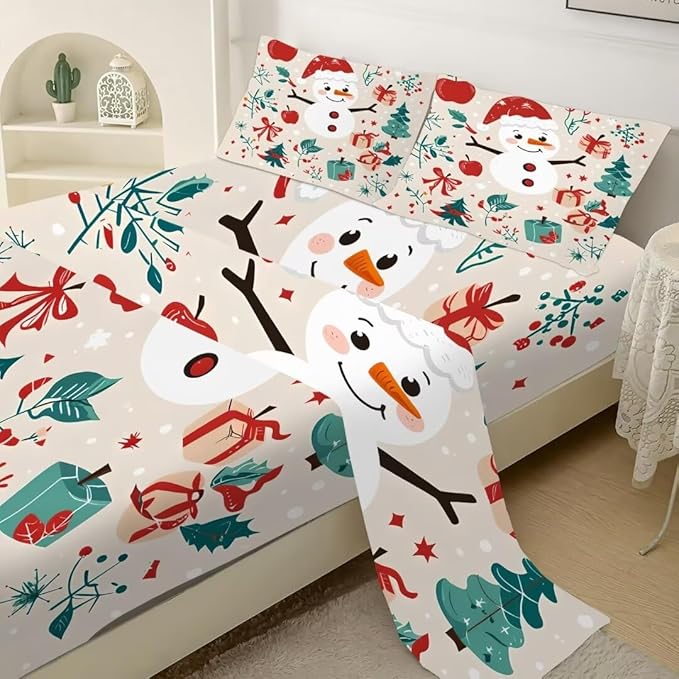 Kids Christmas Sheets Set Queen Cute Snowman Girls Boys Christmas Bedding Set Cartoon Christmas Decoration Soft Christmas Sheet Set with 1 Flat Sheet +1 Fitted Sheet + 2 Pillowcases