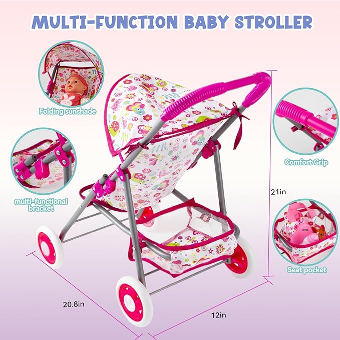 Baby Doll Stroller Toys Set with 12.5" Doll for 3-7 Girls, Foldable Stroller, Dining Chair, Accessories & 1 Outfits,Pretend Play Baby Doll Toys for Girls Ages 3-7