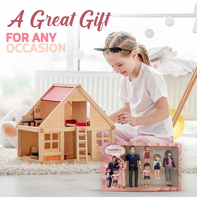 TOMLEON Family Dollhouse People - Doll House People Figures - 5 Poseable Action Figures Incl. Mom, Dad, Sister, Brother, Toddler - Small Dolls for Dollhouse - Dollhouse Dolls (Family)