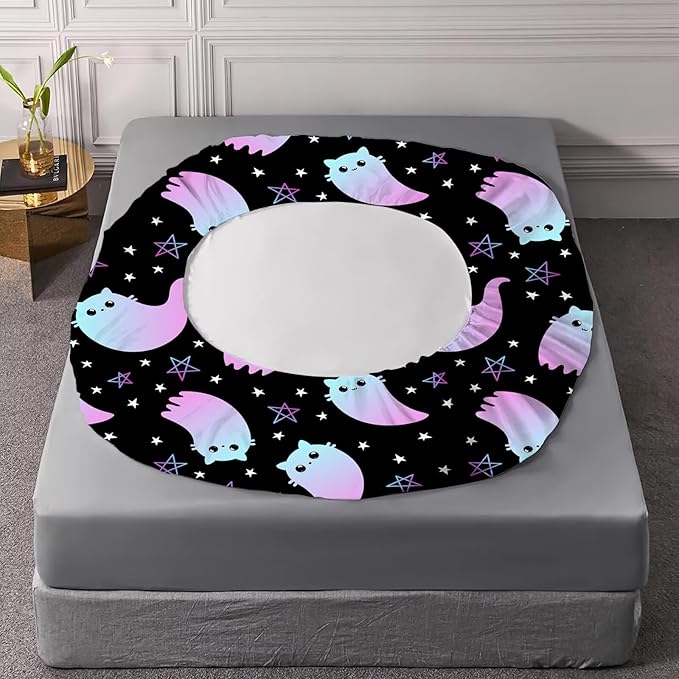 Kids Bedding Cute Ghost Cat Sheet Set Twin Size 3Pcs Kawaii Gradient Cat Bed Sets with 1 Fitted Sheet 1 Flat Sheet 1 Pillowcases for Kids Boys Girls Adults Teens, Black