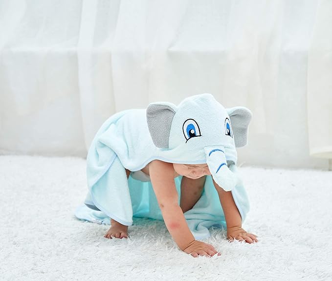 HIPHOP PANDA Hooded Towel - Rayon Made from Bamboo, Bath Towel with Bear Ears for Newborn, Babie, Toddler, Infant - Absorbent Large Baby Towel - Blue Elephant, 37.5 x 37.5 Inch