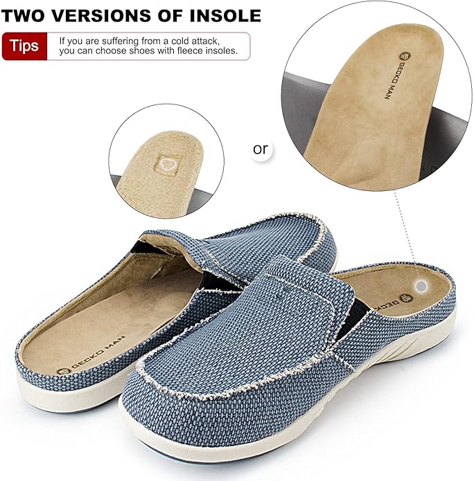 Mens Slippers with Arch Support, Canvas House Slipper for Men with Velvet Lining, Slip On Clog, Indoor Outdoor House Shoes with Anti-Skid Rubber Sole