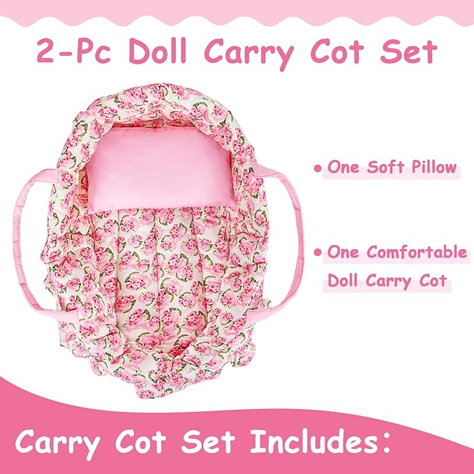 Doll Carry Cot Set, Sweet Dreams Soft Bassinet Doll Carrier Includes 1 Cot and 1 Pillow, Pink Flower Doll Bassinet, Fits for 16 Inch 18 Inch American Girl Dolls