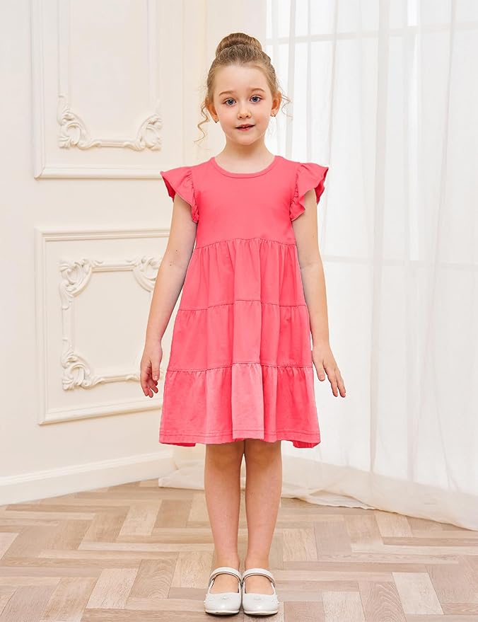 Bumeex Girl's Dresses Cotton Ruffle Sleeve Tiered Swing A-Line Cute Midi Casual Sundress