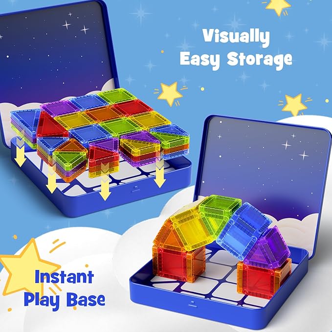 Mini Magnetic Tiles Travel Kit for Kids Ages 3-8, 60pcs Portable Magnetic Building Blocks with Visual Storage Guide & Metal Play Base, STEM Sensory Toys for Preschool Learning