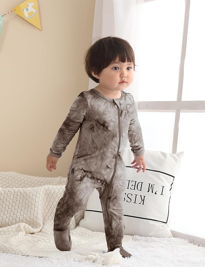 Jimonda Baby Girls Boys Footed Pajamas,Rayon From Bamboo,2 Way Zipper Long Sleeve Soft Sleeper Pjs,Infant Tie-dye Romper