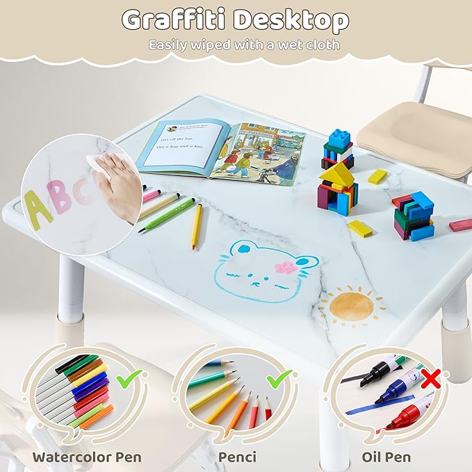 Toddler Table and 4 Chairs Set, Height Adjustable Kids Table and Chairs, 47.2''L x 23.6''W, Marble Pattern & Graffiti Desktop, Children Multi-Activity Table for Home/Daycare/Classroom