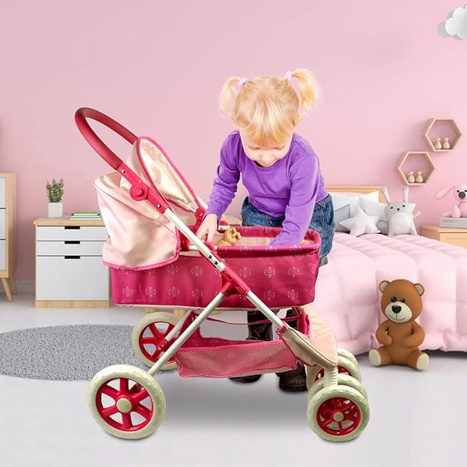 ANIVIA Dolls Pram, Doll Pushchair, 2 in 1 Stroller Dolls Pushchair & Pram Toys Gift for Kids, Suitable Dolls Up to 18 inch - Pink