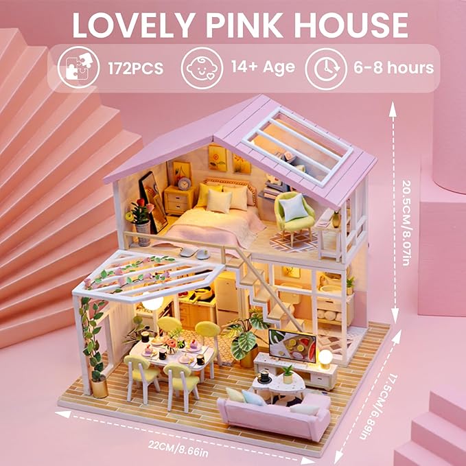 DIY Miniature Dollhouse Kit, AngKng Lovely Tiny House Kit with Furniture and LED Light, Wooden Mini House Making Kit for Adults & Children, Home Decor Creative Gift for Family/Friends-Pink