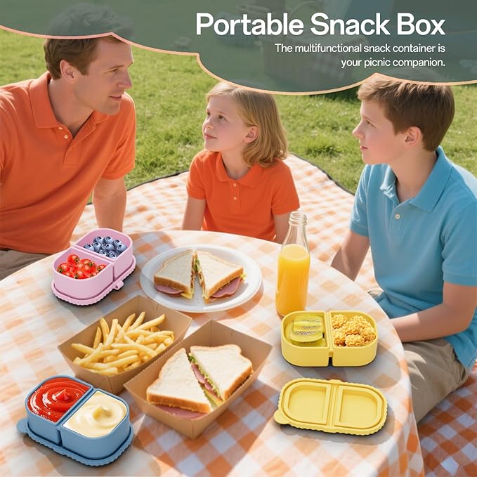 3 Pack Silicone Snack Containers with Lids – Reusable Double Compartment Snack Box, 8oz Mini Food Storage Containers for Sauce, Dip, Salad – Portable, Dishwasher & Microwave Safe