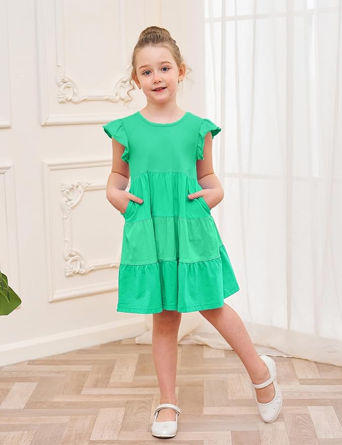 Bumeex Girl's Dresses Cotton Ruffle Sleeve Tiered Swing A-Line Cute Midi Casual Sundress