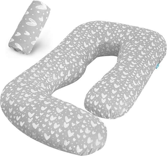 Pregnancy Pillow Cover U-Shaped, Super Soft Replacement Cover for Maternity Pillow, Full Body Asymmetric Pregnancy Pillow Case, Universal Fit, Grey Hearts Print