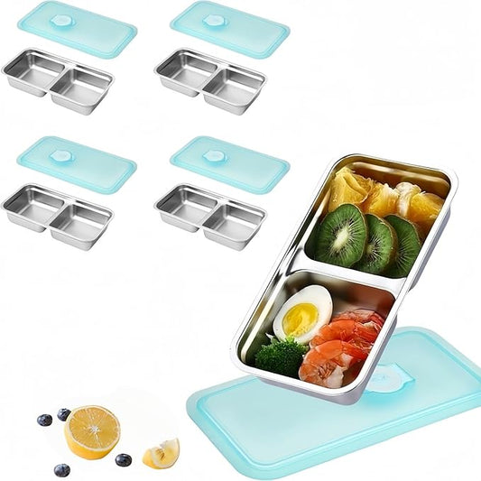 4 Pack Stainless Steel Snack Containers – 2-Compartment Reusable Bento Box, Metal Snack Box with Lids, Leakproof & Portable Food Storage for Travel, Lunch, and Outdoor Use