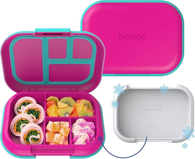 Bentgo Chill Kids Leak-Proof Lunch Box - 4-Compartment Bento Box with Built-In Ice Pack, 3.3 Cup Capacity, PFAS & BPA-Free, Microwave & Dishwasher Safe, Ideal Size for Ages 3 to 7 (Fuchsia/Teal)