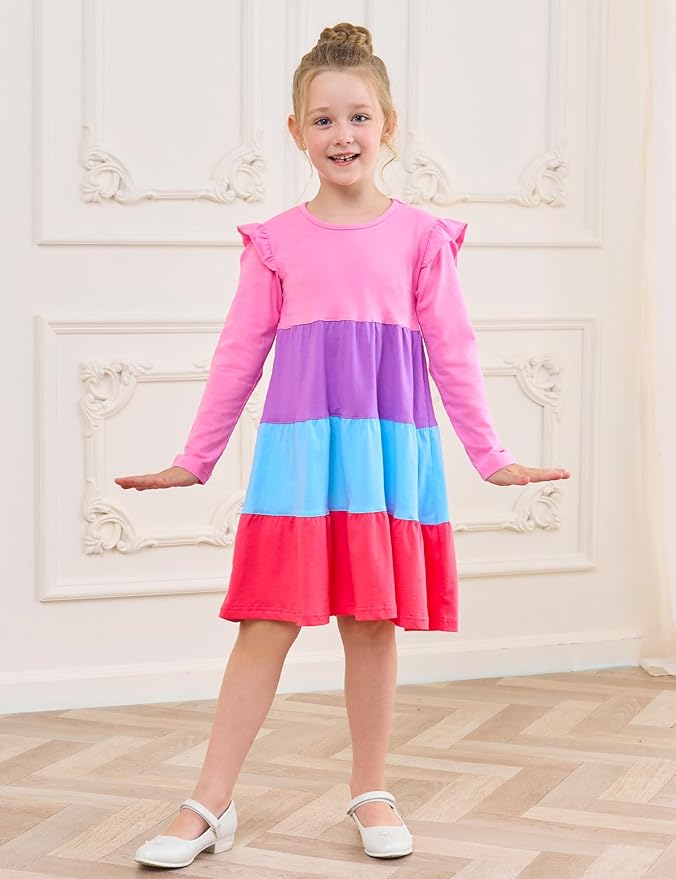 Bumeex Girl's Dresses Cotton Ruffle Sleeve Tiered Swing A-Line Cute Midi Casual Sundress
