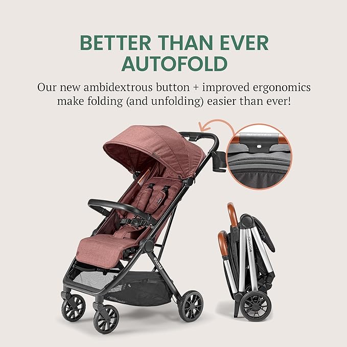 Bombi Bēbee V2 Lightweight Baby Stroller - Premium Vegan Leather, One-Hand Fold, Infinite Recline, Aircraft-Grade Aluminum Frame, XXL Canopy, and Ample Storage Umbrella Stroller - Desert Berry