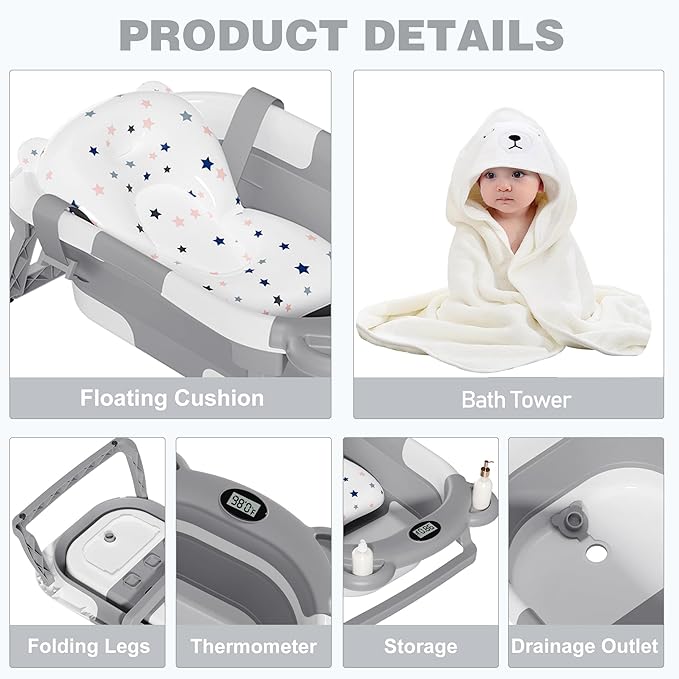 MoreFeel Collapsible Baby Bathtub for Newborn with Thermometer & 1 Hooded Towel & 1 Soft Floating Cushion,Portable Travel Bathtub with Drain Hole, Durable Foldable Baby Tubs for Infants to Toddler