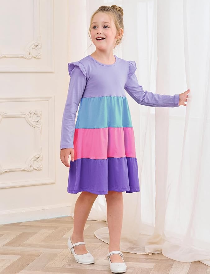 Bumeex Girl's Dresses Cotton Ruffle Sleeve Tiered Swing A-Line Cute Midi Casual Sundress