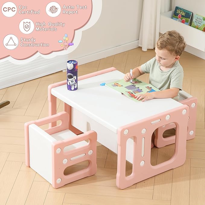 Montessori Table and Chair Set, Kids Table and Chairs, Height-Adjustable Toddler Table and Chair Set, Table Chair for Ages 3-8, Childrens Table for Daycare, Classroom