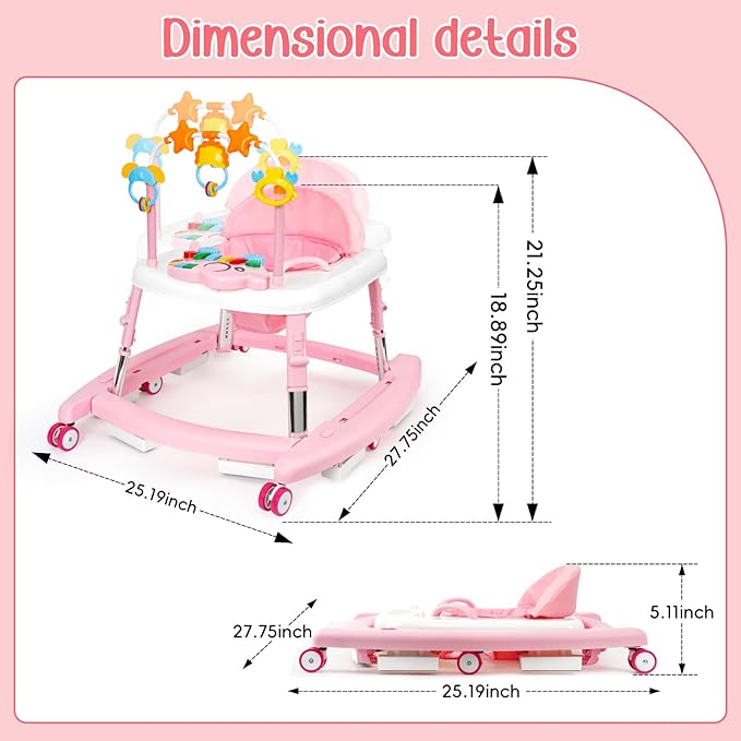 5-in-1 Music and Lights Baby Walker Foldable with 5 Adjustable Heights, Baby Walker with Wheels and Bouncer Combo Portable, Infant Toddler Walker for Baby Boy Girls 6-18 Months