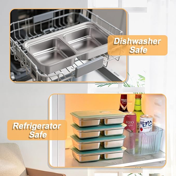 Reusable Snack Containers with Lids, Stainless Steel Snack Containers, Double Compartment Condiment Bowls, Meal Prep Lunch Box, Takeout, Travel and Camping Food Storage (4PCS)