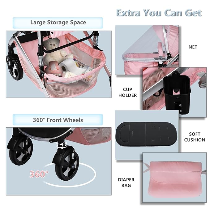 Kinder King 2 in 1 Convertible Baby Stroller, Folding High Landscape Infant Carriage, Newborn Reversible Pram, Adjustable Canopy, Diaper Bag, Pink