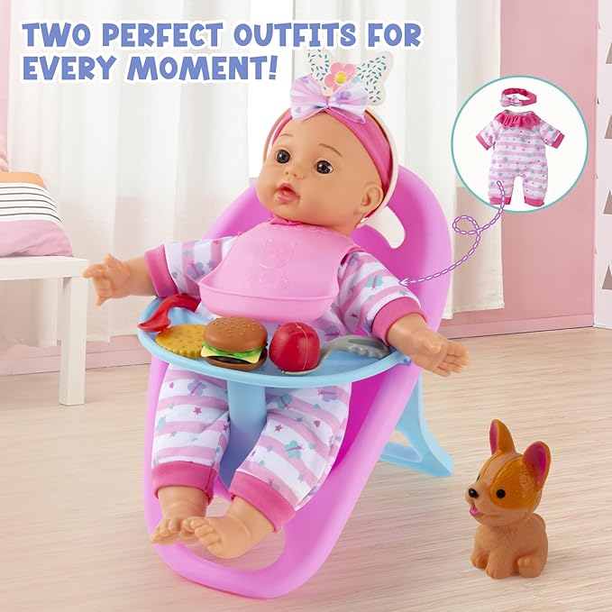 Baby Doll Stroller Toys Set with 12.5" Doll for 3-7 Girls, Foldable Stroller, Dining Chair, Accessories & 1 Outfits,Pretend Play Baby Doll Toys for Girls Ages 3-7