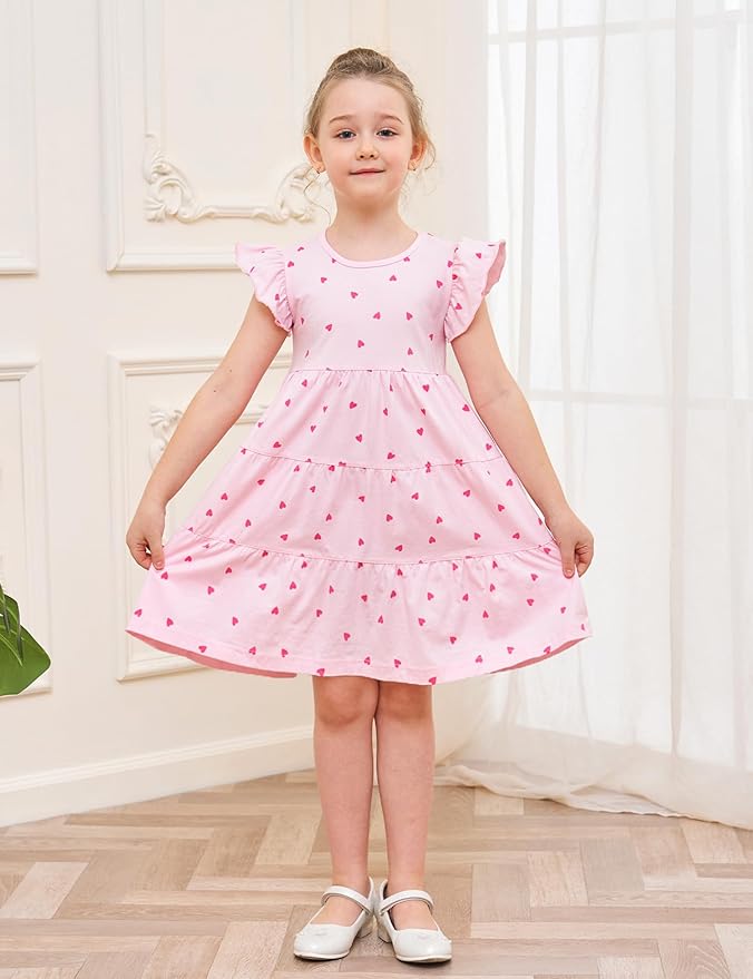 Bumeex Girl's Dresses Cotton Ruffle Sleeve Tiered Swing A-Line Cute Midi Casual Sundress