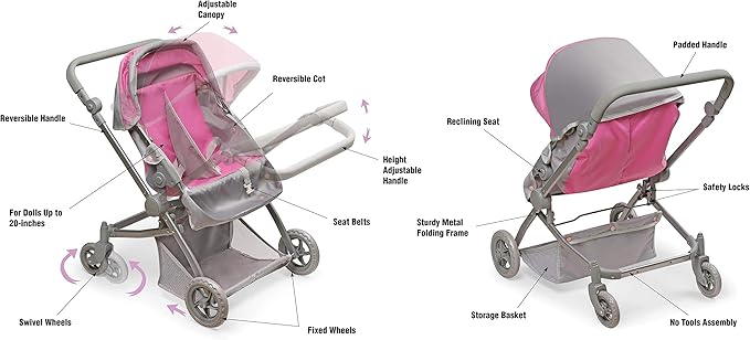 Badger Basket Voyage Twin Carriage Doll Stroller for 18 to 20-Inch Dolls with Rotating Pram Handle and Storage Features – Perfect for Little Mommies on The Go!