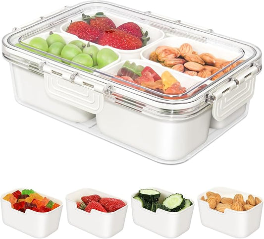 Small Snackle Box Container, Divided Serving Tray with Lid, 4 Compartment Snack Box Container for Candy, Fruits, Charcuterie, Travel & Parties, BPA-Free