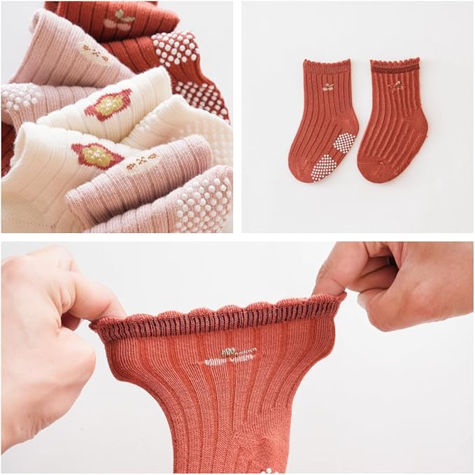 Baby Crew Socks,Grips Combed Cotton Socks Toddler Non-Skid for Girls,Boys Non Slip/Anti Skid 9-Pack