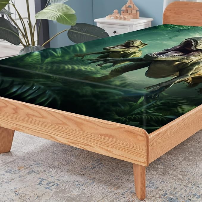 Dinosaurs Bed Sheets Queen for Boys Kids Soft Microfiber Bedding Sheets Set 3D Realistic Dinosaur Green Fitted Sheets Set Breathable Dinosaur Bed Sheet for Kids Room Decor