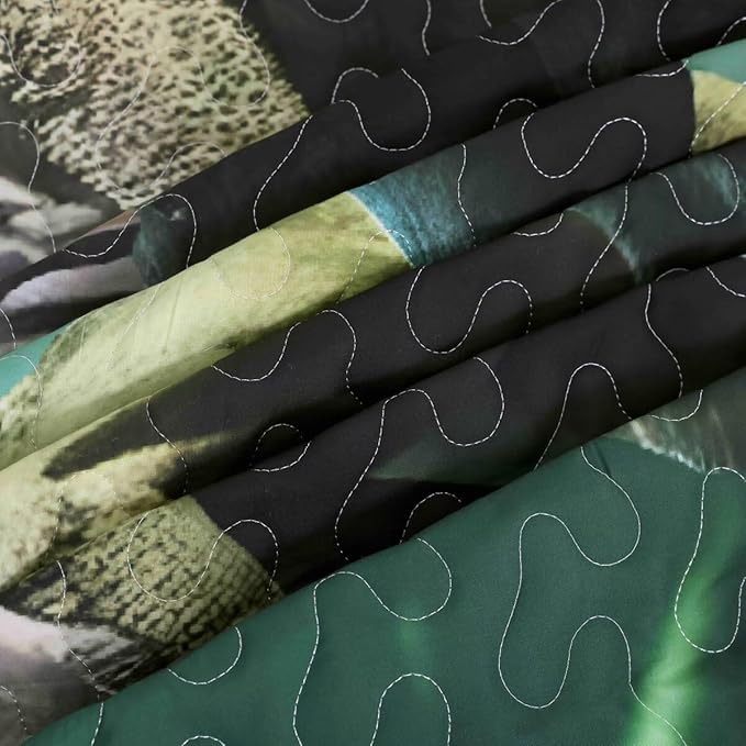 Green Dinosaur Quilt Set Full/Queen Size for Kids, Breathable 3D Dinosaur Printing Bedding Set, Lightweight Boys Dino Bedspread Set with 1 Quilt and 2 Pillowcases