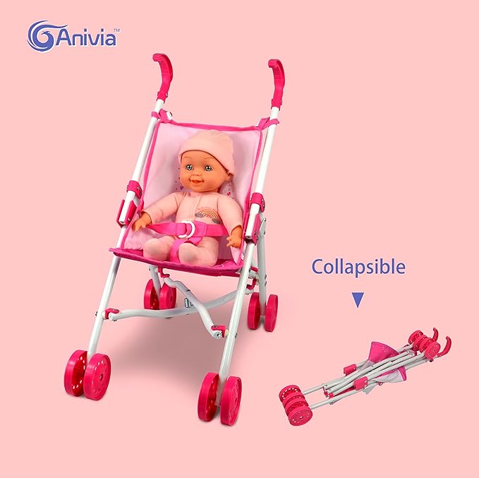 ANIVIA Baby Doll Stroller Set - Includes Stroller, Crib, Play Mat, Feeding Toy, Diaper Bag - Nursery Role Play Set (11" Doll Included)