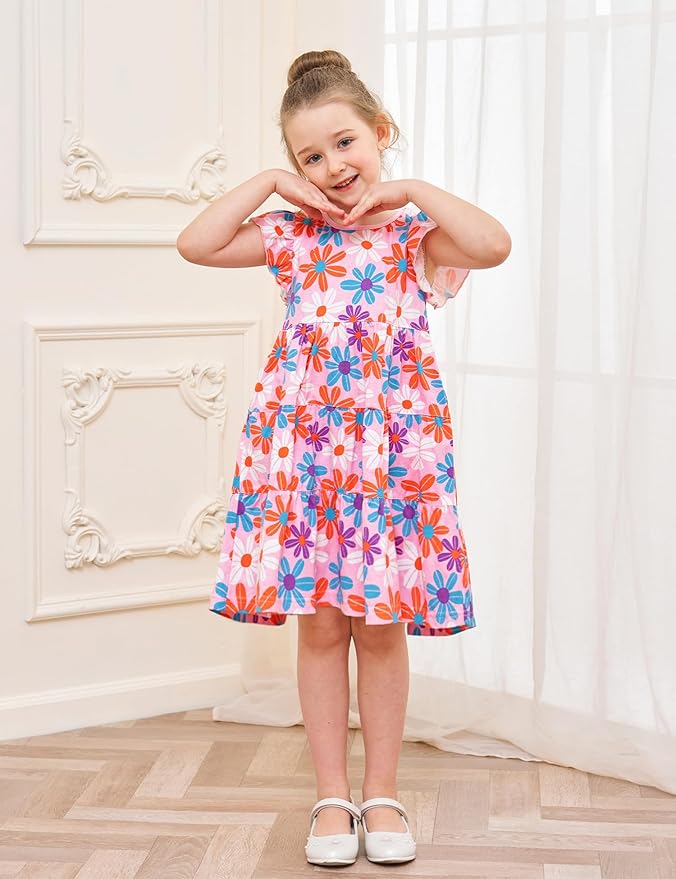 Bumeex Girl's Dresses Cotton Ruffle Sleeve Tiered Swing A-Line Cute Midi Casual Sundress