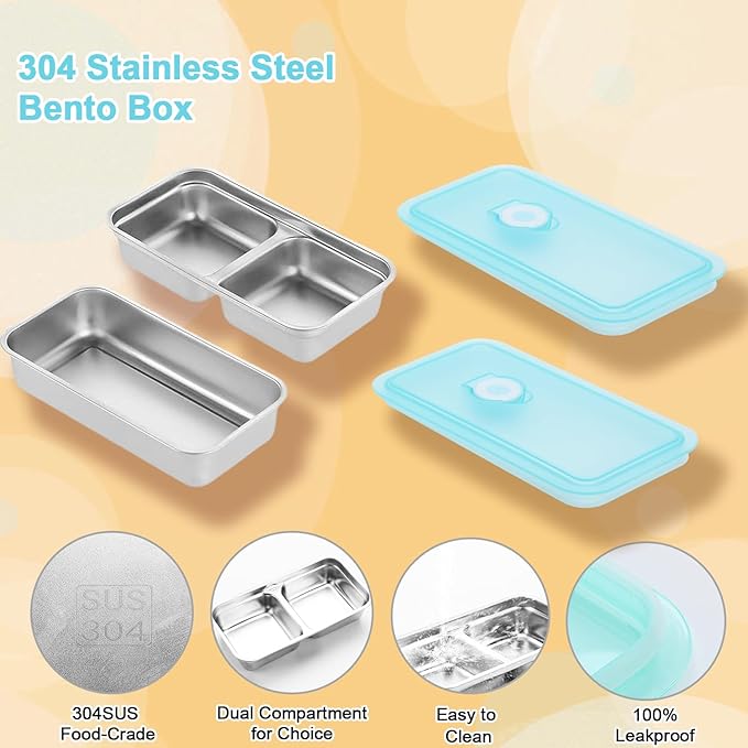 4 PCS 304 Stainless Steel Bento Box, 1pc Single and 3pcs Double compartment Snack Containers, Grab and Go Snack Containers, Food Storage Containers with Blue Lids for Travel and Outdoor Camping