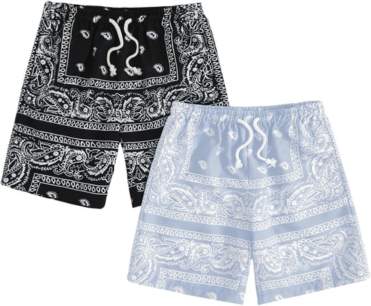 Floerns Boy's 2 Pcs Bandana Shorts Boho Paisley Graphic Print Drawstring Waist Summer Beach Drip Shorts with Pockets