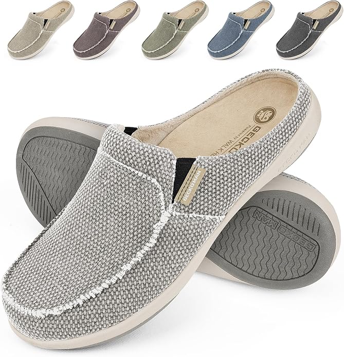 Mens Slippers with Arch Support, Canvas House Slipper for Men with Velvet Lining, Slip On Clog, Indoor Outdoor House Shoes with Anti-Skid Rubber Sole