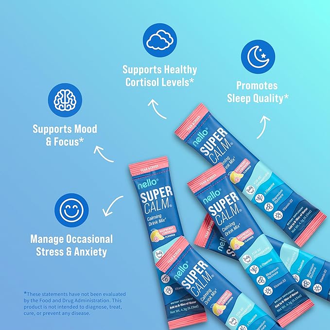 Nello Supercalm Powdered Drink Mix, Raspberry Lemonade, L Theanine, Ksm-66 Ashwagandha, Magnesium Glycinate, Vitamin D 3, Supplements for Relaxation & Focus, No Sugar, Non GMO, On The Go, 20 Ct