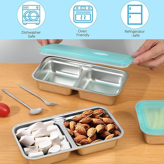 Grab and Go Snack Containers, Reusable Double Compartment Snack Containers-Stainless Steel Condiment Box with Lids for Outdoor Camping Food Storage (4)