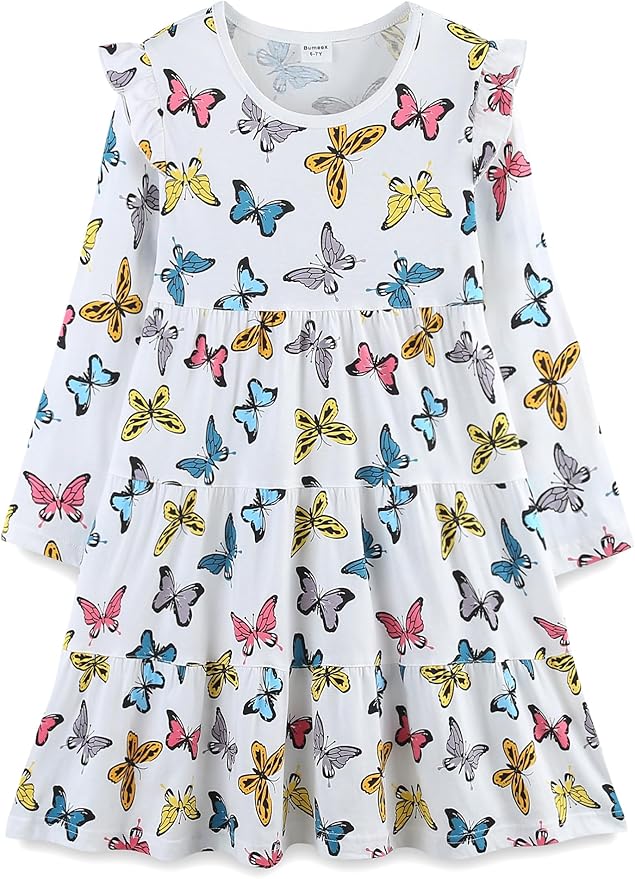 Bumeex Girl's Dresses Cotton Ruffle Sleeve Tiered Swing A-Line Cute Midi Casual Sundress