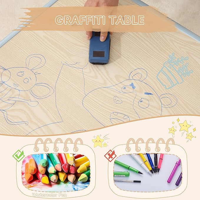 Kids Table and 2 Chairs Set, Height Adjustable Toddler Chairs, Graffiti Desktop Study With Anti-Slip Foot Covers, Children Activity Set for Ages 2-10, Blue Grey