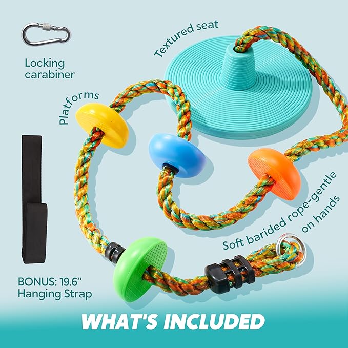 TURFEE Tree Swing for Kids -Blue Climbing Rope Tree with Platforms and Disc Seat Single Disc Seat and Climbing Rope Set w/Carabiner & 4 Ft Strap - Treehouse and Outdoor Playground -Blue