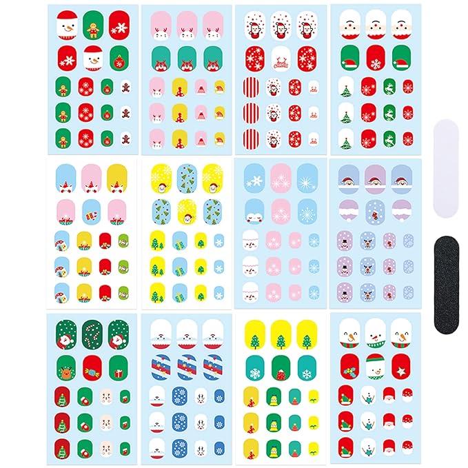 Christmas Nail Stickers Full Nail Wraps for Kids Self Adhesive Xmas Nail Polish Strips for Kids Girls Nail Art Decoration Fun Cute Holiday Full Nail Decals Recommend for Age 8 and Older (Pack of 12)
