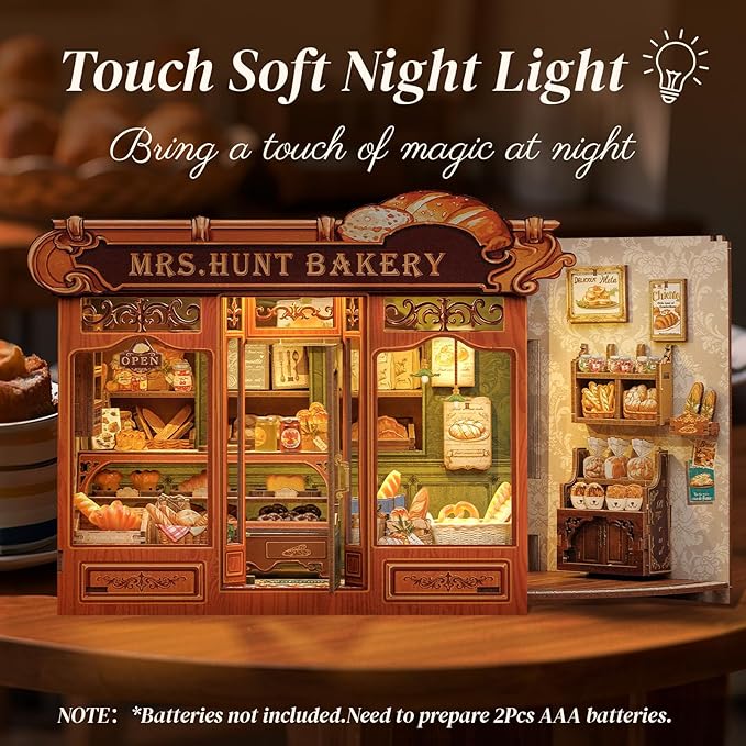 Cutefun Book Nook Kit - DIY Miniature House Dollhouse Kit, Book Nook Kits for Adults, Bookshelf Insert Bookend with LED Light for Teens and Adults (Mrs.Hunt Bakery)