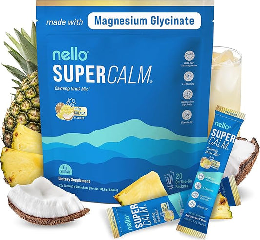 Nello Supercalm Drink Mix - Ashwagandha KSM 66, Magnesium Glycinate & L-Theanine Supplement - Ashwagandha Root Extract - Focus and Relaxation Support (20 Travel Packets) - Pina Colada