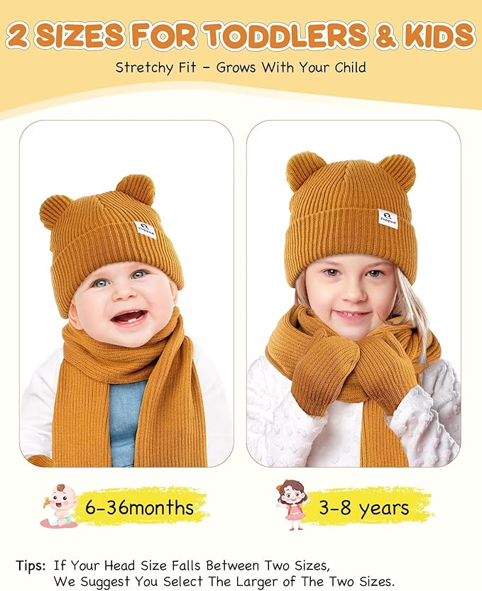 Baby Beanie Mittens Scarf Set,Toddler Infant Kids Winter Hat with Bear Ear Thermal Gloves Neck Warmer Set for Girls Boys