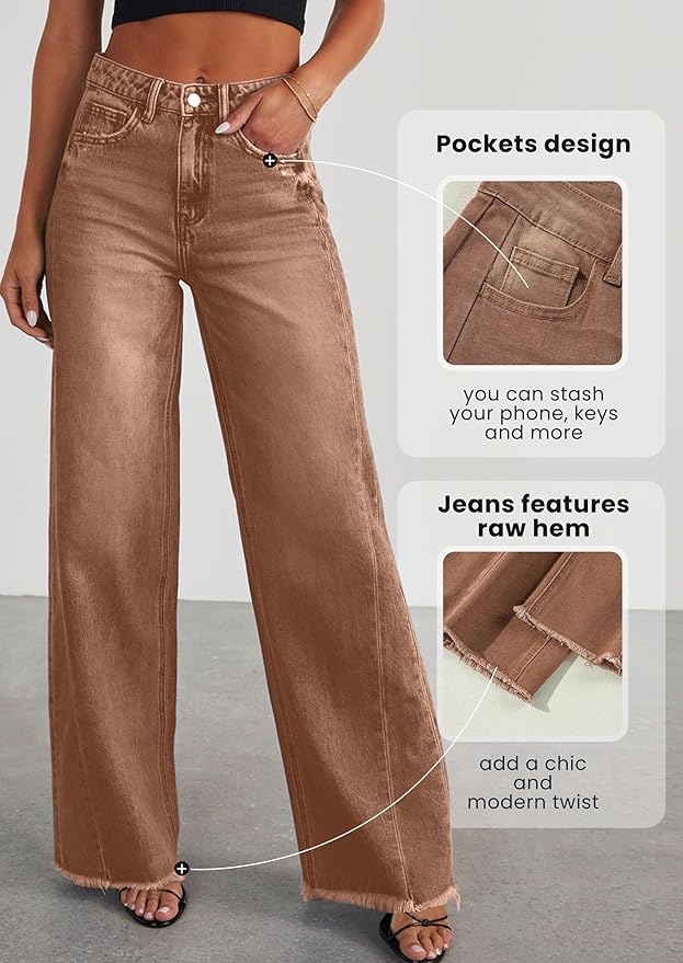 PRETTYGARDEN Wide Leg Jeans for Women Trendy 2025 High Waisted Stretchy Baggy Raw Hem Denim Palazzo Pants with Pockets